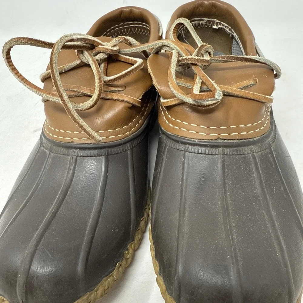 Womens 7 LL Bean Duck Low Boots Slip On Ankle Brown Lace Up Rain Boots Moc